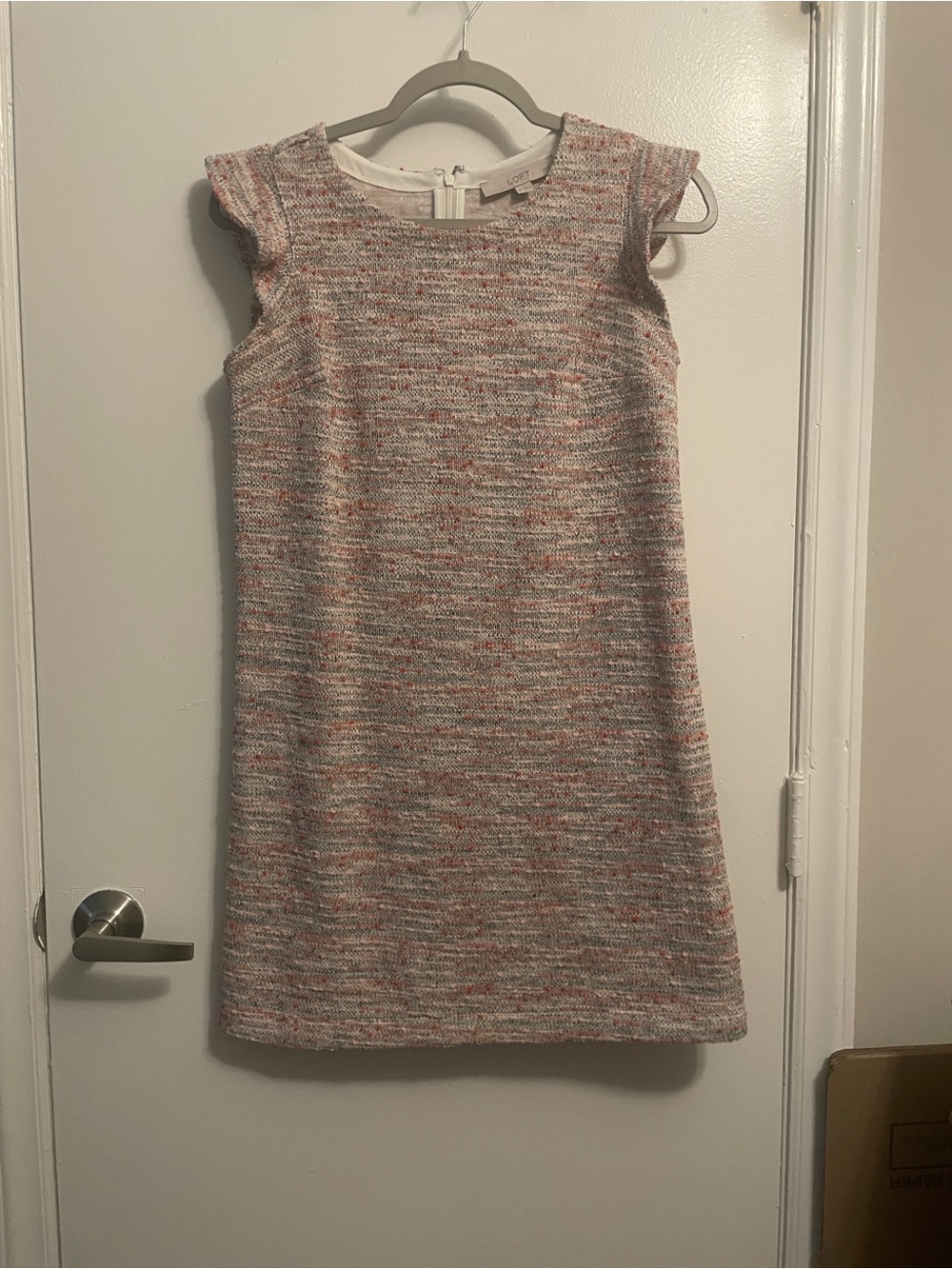 LOFT Tweed Sleeveless Shift Dress in Cream and Pink Fleck